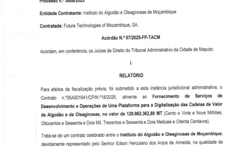 TA nega visto ao milionário contrato entre IAM e a Future Technology of Mozambique” por vícios graves