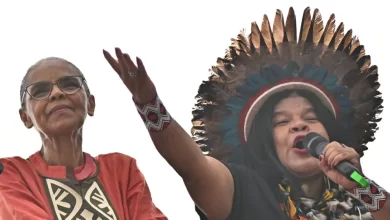 Ministras brasileiras entre manifestantes pelo fim da exploração da Amazónia