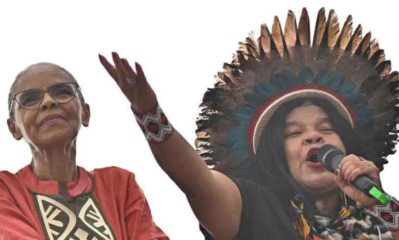 Ministras brasileiras entre manifestantes pelo fim da exploração da Amazónia