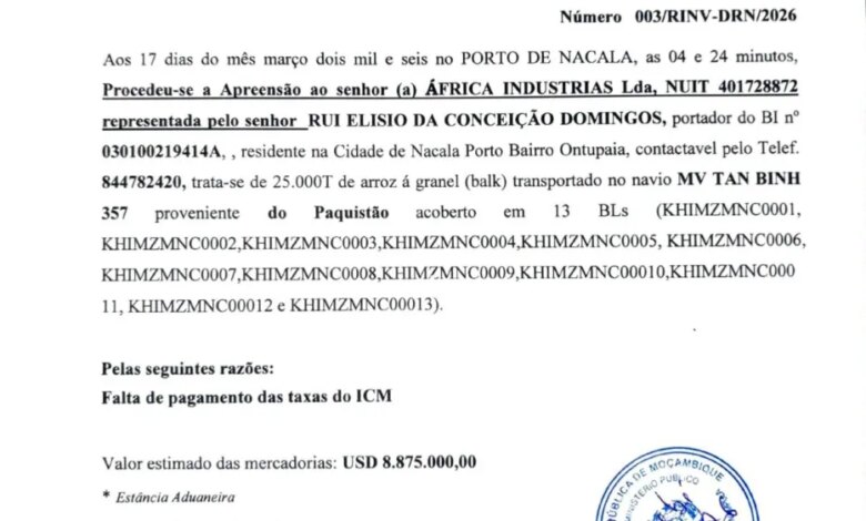Alfândegas apreendem 25 mil toneladas de arroz no Porto de Nacala